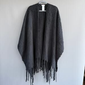 Free People Black sweater shawl poncho fringed - fuzzy - loose weave - one size